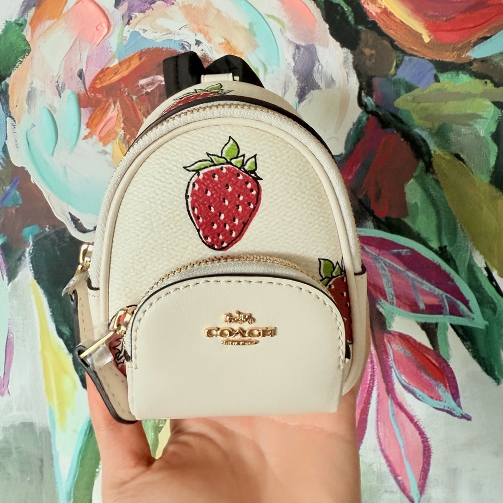 Coach Mini Court Backpack Bag Charm With Strawberry Print CAO93 NWT